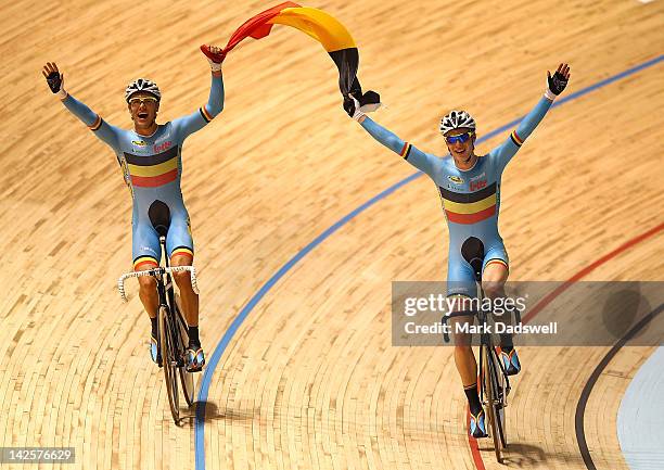 Kenny De Ketele and Gijs Van Hoecke of Belgium celebrate after winning the Men's Madison during day five of the 2012 UCI Track Cycling World...