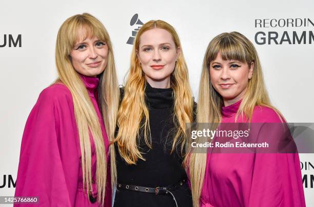 Holly Laessig and Jess Wolfe of Lucius and Evan Rachel Wood attend The Drop: Lucius at The GRAMMY Museum on September 20, 2022 in Los Angeles,...