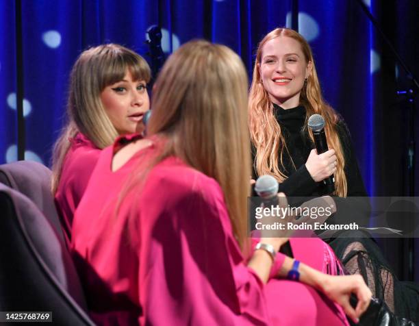 Holly Laessig and Jess Wolfe of Lucius speak with Evan Rachel Wood at The Drop: Lucius at The GRAMMY Museum on September 20, 2022 in Los Angeles,...