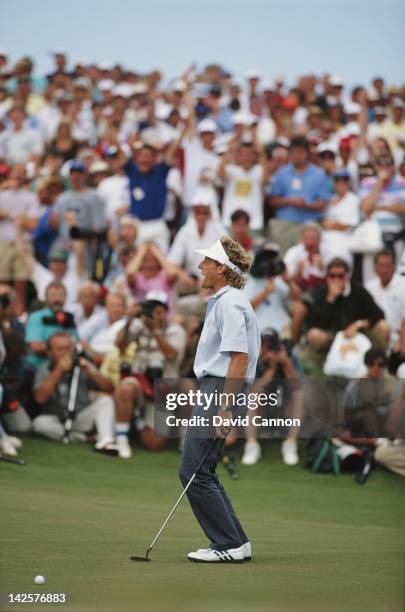 Bernhard Langer of Germany and the European team misses a crucial putt on the 18th hole in the final singles match of the 29th Ryder Cup Matches on...