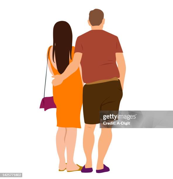 illustrations, cliparts, dessins animés et icônes de couple regardant la robe orange - short