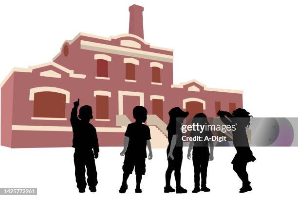 daycare kids back for fun at the school - nursery school building stock illustrations