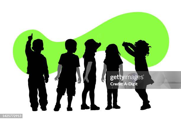 daycare kids back for fun green background - jumping stock illustrations