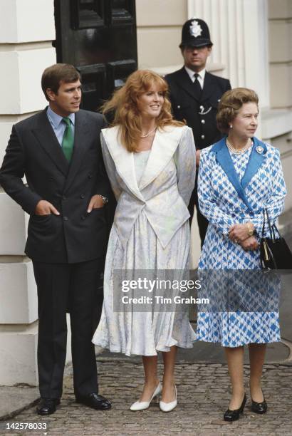 Queen Elizabeth II with the Duke and Duchess of York outside Clarence House in London, for the Queen Mother's 86th birthday, 4th August 1986.