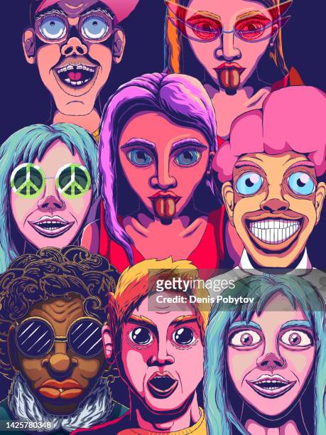 hand drawn illustration - crowd of people. group selfie. - artistic and cultural personality stock illustrations