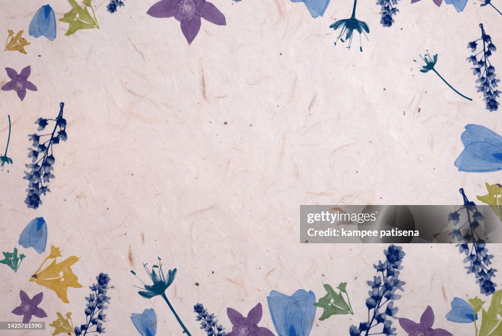 Flower paint frame border on recycled Mulberry paper background.