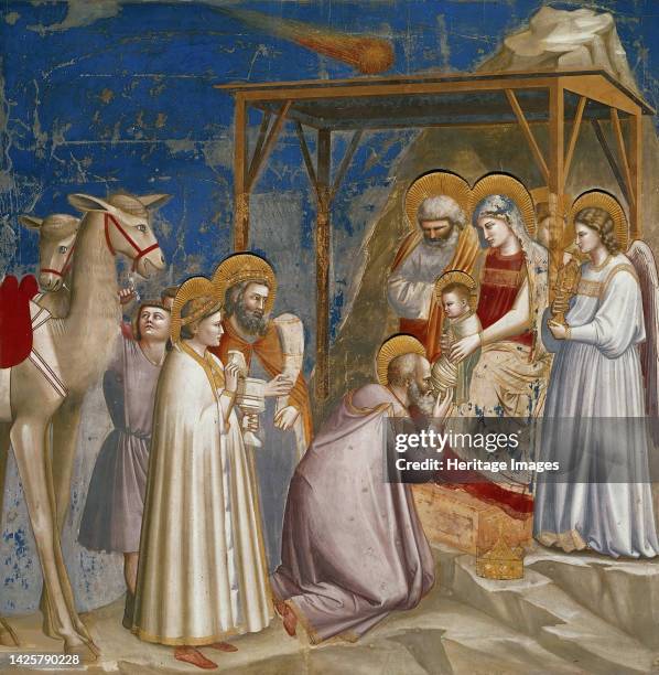 The Adoration of the Magi , 1304-1306. Found in the collection of the Cappella degli Scrovegni, Padua. Artist Giotto di Bondone .