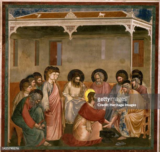 Washing of feet , 1304-1306. Found in the collection of the Cappella degli Scrovegni, Padua. Artist Giotto di Bondone .