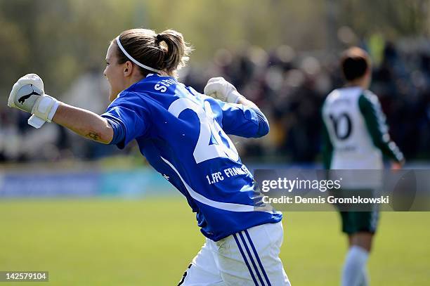 Desiree Schumann of Frankfurt celebrates during the Women's DFB Cup semi final match between 1. FFC Frankfurt and FCR Duisburg at Brentanobad Stadium...