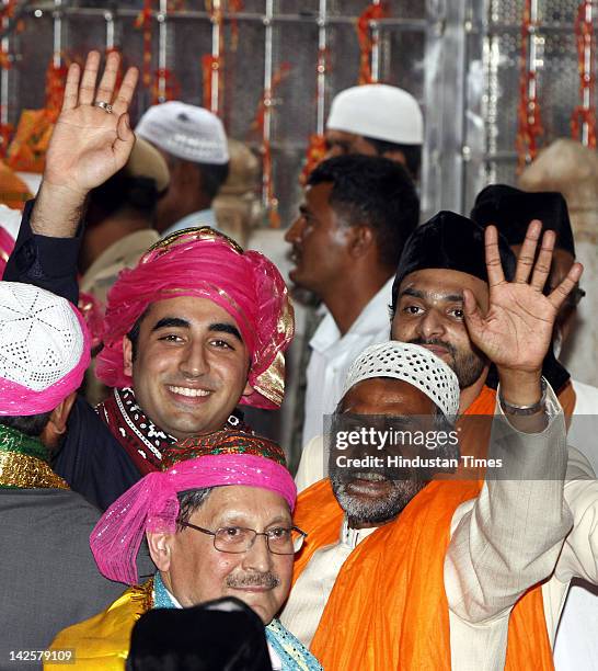 Pakistan President's son and Pakistan People's Party Chief Bilawal Bhutto Zardari waves after offering his prayers and respect at Ajmer Sharif Sufi...