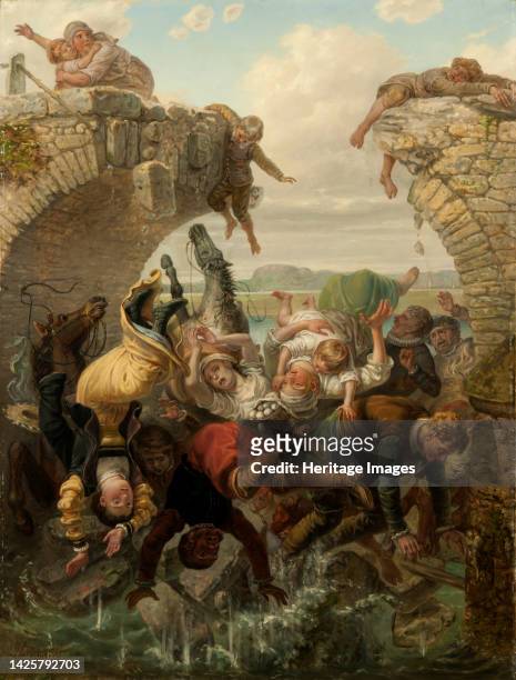 The Bridge at Nya Lödöse Collapsing into the River Säveån in 1543, 1884. Found in the collection of the Göteborg Konstmuseum. Artist Brusewitz,...