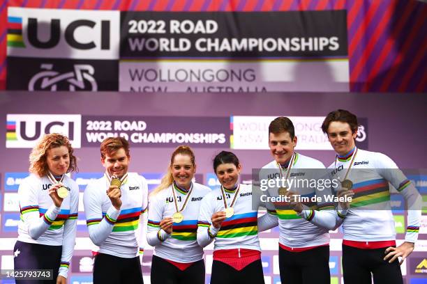 General view of gold medalists Stefan Bissegger of Switzerland, Marlen Reusser of Switzerland, Stefan Kung of Switzerland, Elise Chabbey of...