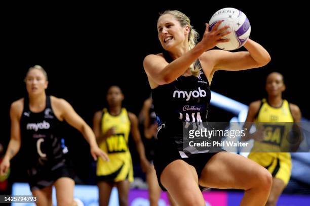 Maddy Gordon of the Silver Ferns takes a pass during game 1 of the Taini Jamison Trophy match between New Zealand v Jamaica at Eventfinda Stadium on...