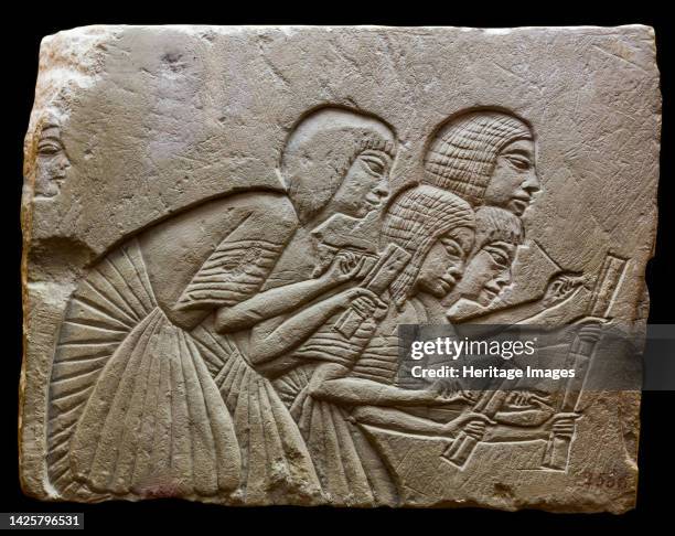 Relief of Four scribes, from the tomb of Horemheb, Saqqara, circa 1350 BC. Found in the collection of the Museo Archaeologico Nazionale, Firenze....