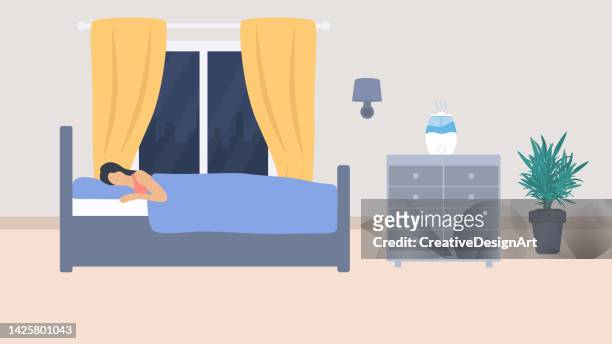 ilustrações, clipart, desenhos animados e ícones de jovem mulher dormindo com dispositivo umidificador de ar no quarto - humidifier