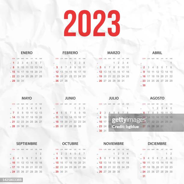 ilustraciones, imágenes clip art, dibujos animados e iconos de stock de calendario español 2023 sobre fondo blanco arrugado - calendario español