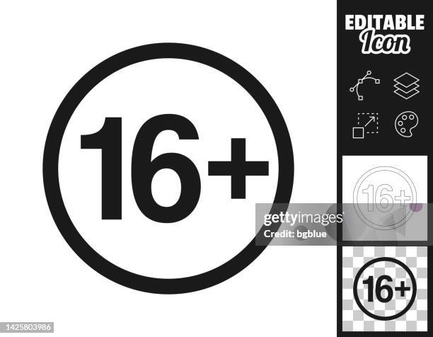 ilustraciones, imágenes clip art, dibujos animados e iconos de stock de 16+ dieciséis signo más - restricción de edad. icono para el diseño. fácilmente editable - número 16
