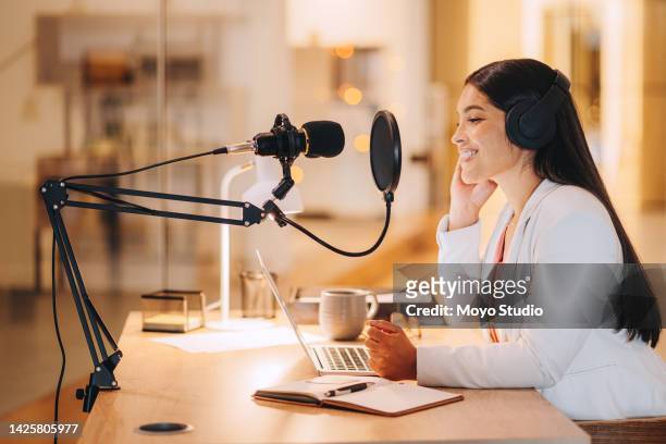 podcast, presenter broadcast and woman recording in studio for online audio interview followers. influencer host show for opinion, debate and public thoughts with streaming app on the internet. - microphone debate stock pictures, royalty-free photos & images