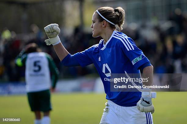 Desiree Schumann of Frankfurt celebrates during the Women's DFB Cup semi final match between 1. FFC Frankfurt and FCR Duisburg at Brentanobad Stadium...