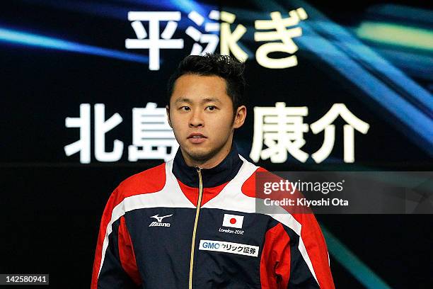 Kosuke Kitajima, who has qualified for the London 2012 Olympic Games, attends a send-off ceremony after day seven of Japan Swim 2012 at Tokyo Tatsumi...