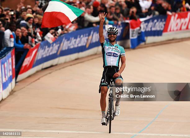 Tom Boonen of Belgium and Quick Step Omega Pharma crosses the finishline to win the 2012 Paris Roubaix cycle race from Compiegne to Roubaix on April...