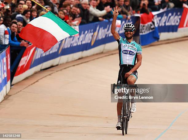 Tom Boonen of Belgium and Quick Step Omega Pharma crosses the finishline to win the 2012 Paris Roubaix cycle race from Compiegne to Roubaix on April...