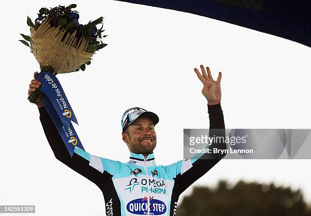 Tom Boonen of Belgium and Quick Step Omega Pharma celebrates winning the 2012 Paris Roubaix cycle race from Compiegne to Roubaix on April 8, 2012 in...