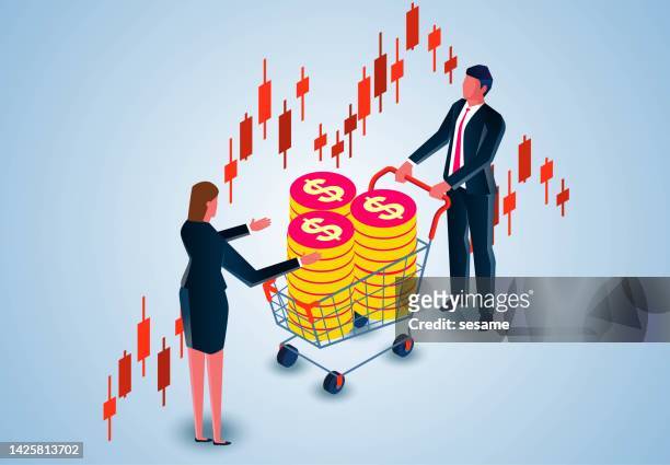 isometric stock market infographics management and analysis, buy or sell stocks, stock trader, financial analyst, profit, money, financial management and analysis - ipo stock illustrations