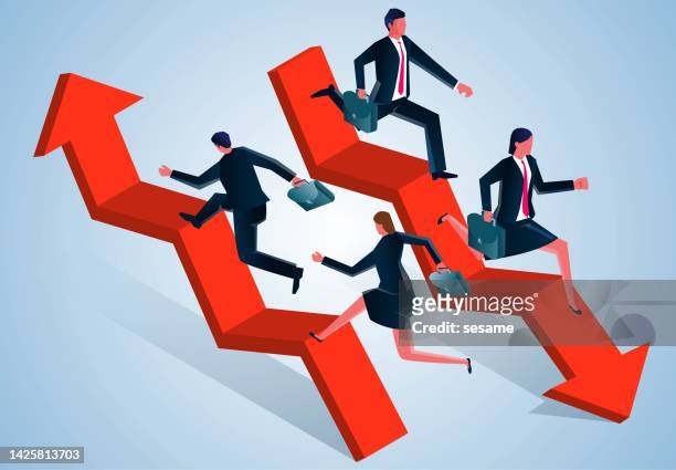 isometric businessman running on up arrow and businessman running on down arrow, personal career or business development, recession or stock market decline - arrow down stock illustrations