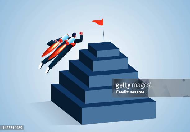 isometric rocket booster takes businessman to reach the target quickly, achieve success and complete tasks faster and more efficiently - amendment stock illustrations