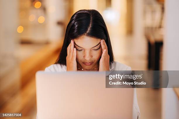 headache, burnout and stress for woman on laptop doing a social media content writing, internet newspaper or blog article. home, migraine and freelance writer working to meet target story deadline - content writer stock pictures, royalty-free photos & images