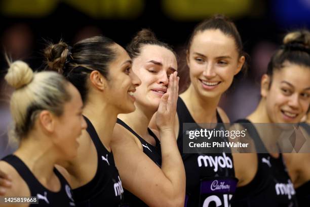 Elle Temu of the Silver Ferns reacts during the national anthem during game 1 of the Taini Jamison Trophy match between New Zealand v Jamaica at...