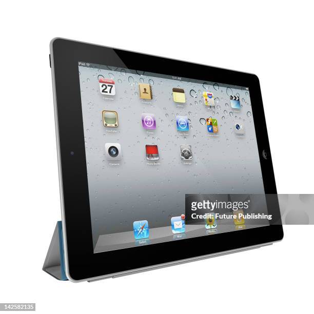 Render of an Apple iPad 3 tablet and smart cover on a white studio background, March 28, 2012.