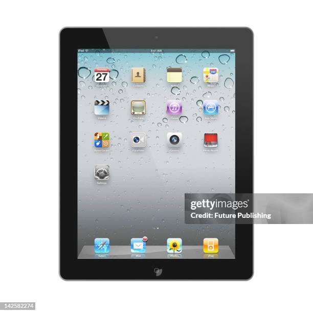 Render of an Apple iPad 3 tablet on a white studio background, March 29, 2012.