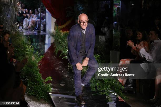 Fashion designer Antonio Marras acknowledges the applause of the audience at the Antonio Marras Fashion Show during the Milan Fashion Week Womenswear...