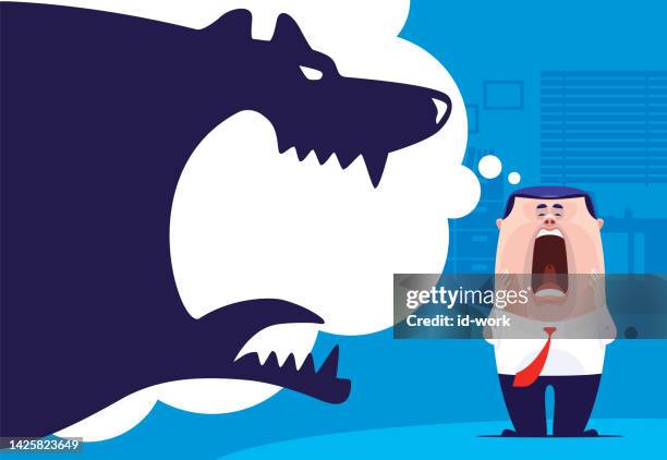 businessman screaming while thinking angry beast in office - bear attack stock illustrations