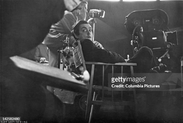 American director and screenwriter Stanley Kubrick on the set of his film 'Dr. Strangelove or: How I Learned to Stop Worrying and Love the Bomb' at...