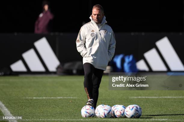 Head coach Hans-Dieter Flick looks on during for a Germany training session at DFB-Campus on September 21, 2022 in Frankfurt am Main, Germany.