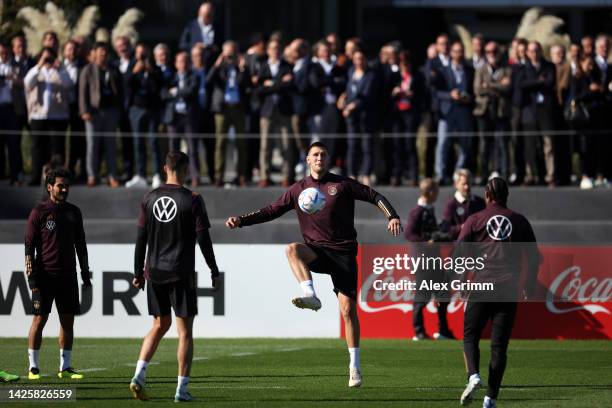 Niklas Suele and teammates warm up during a Germany training session at DFB-Campus on September 21, 2022 in Frankfurt am Main, Germany.