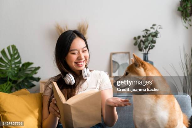 beautiful woman sitting on living room sofa next to her dog, reading her favorite novel. - shiba inu adult stock pictures, royalty-free photos & images