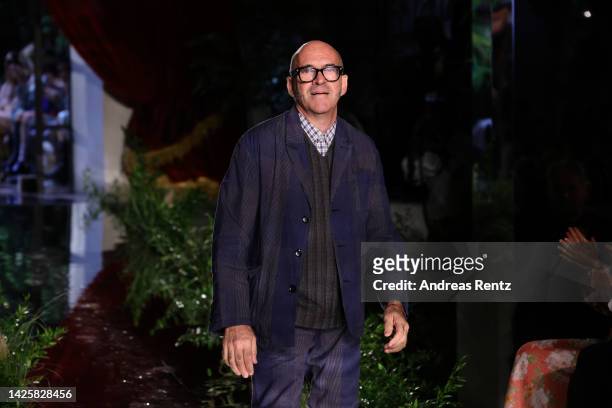 Fashion designer Antonio Marras acknowledges the applause of the audience at the Antonio Marras Fashion Show during the Milan Fashion Week Womenswear...