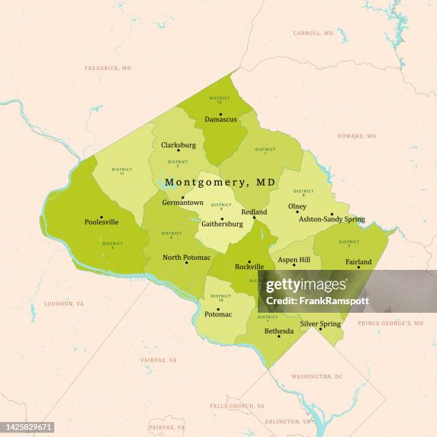 ilustrações, clipart, desenhos animados e ícones de md montgomery county vector map green - damascus