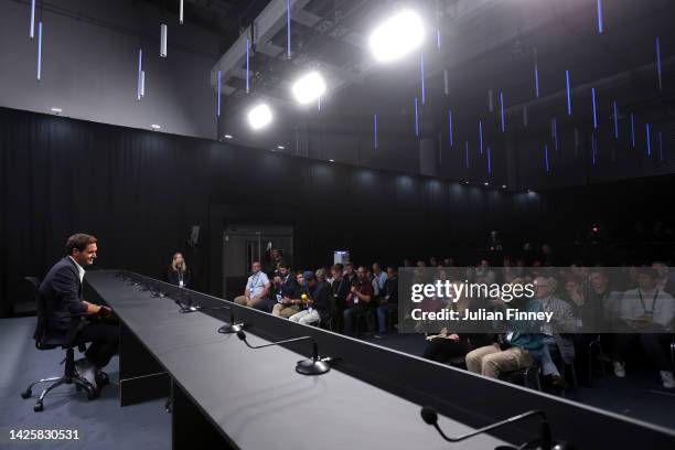 Roger Federer of Team Europe talks to the media during a press conference ahead of the Laver Cup at The O2 Arena on September 21, 2022 in London,...