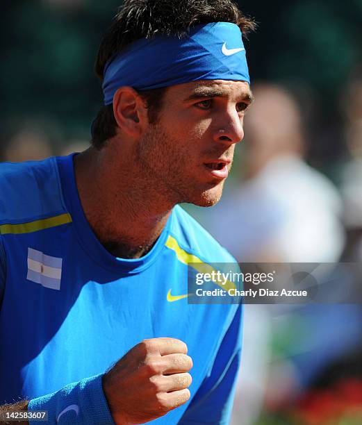 Juan Martin Del Potro of Argentina in action during the match between Argentina and Croatia for the quarterfinals of the Davis Cup at Mary Teran de...