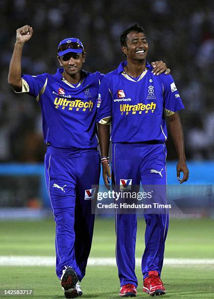 Rajasthan Royals bowler Ankeet Chavan and Rahul Dravid celebrates the wicket of Kolkata Knight Riders batsman during the match between Kolkata Knight...