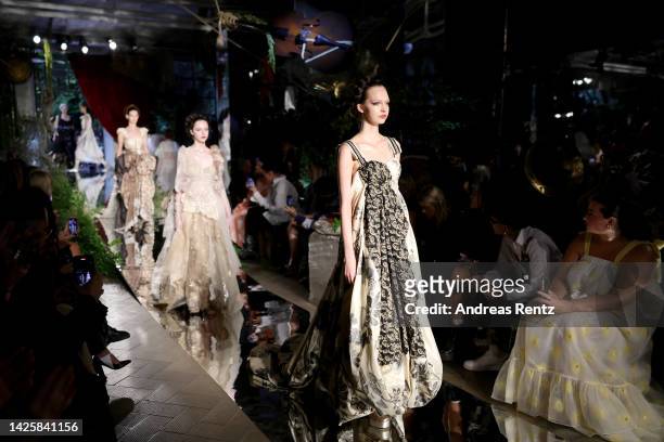 Models walk the runway of the Antonio Marras Fashion Show during the Milan Fashion Week Womenswear Spring/Summer 2023 on September 21, 2022 in Milan,...