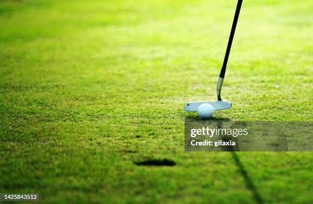golf club and ball over green. - swinging stock pictures, royalty-free photos & images