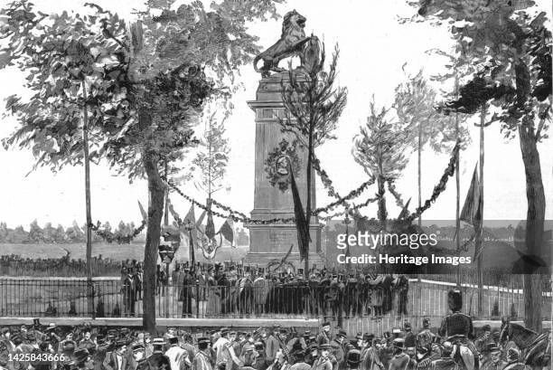 The Anniversary of the Battle of Waterloo; unveiling the statue at Quatre Bras in memory of Frederick William, Duke of Brunswick, who fell at the...