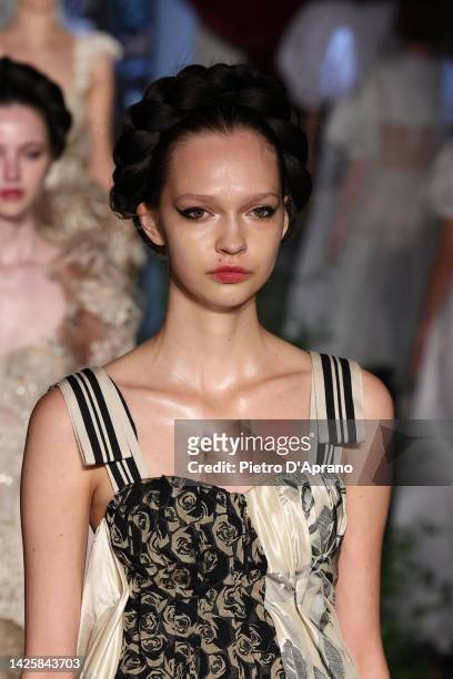 Model beauty detail walks the runway of the Antonio Marras Fashion Show during the Milan Fashion Week Womenswear Spring/Summer 2023 on September 21,...