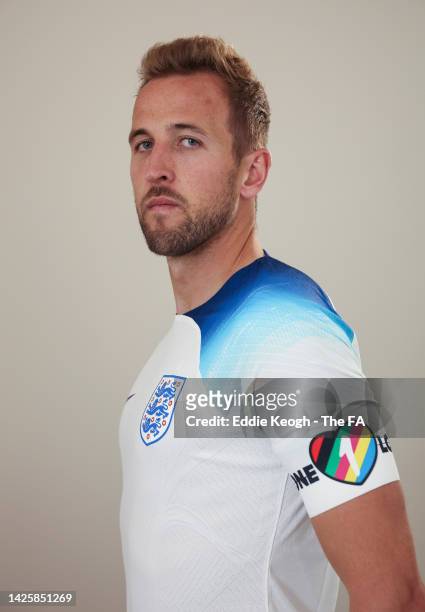 Harry Kane of England wears the OneLove armband, as the England team stands together with 9 other European countries to support season-long campaign...